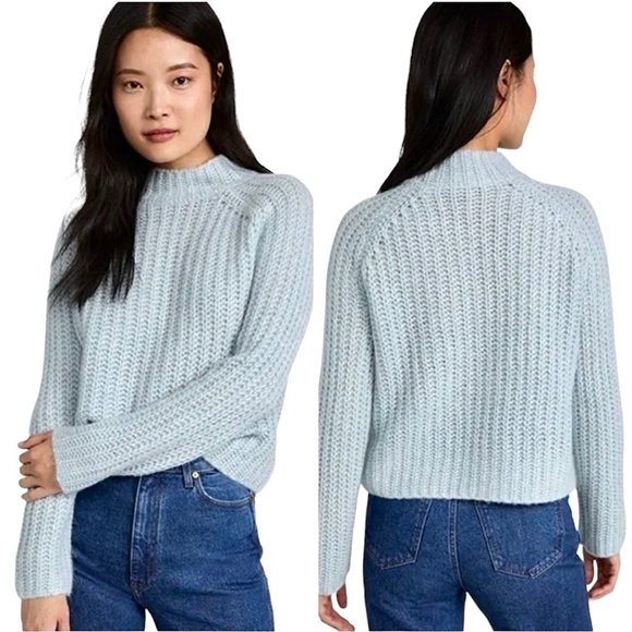 VINCE Marled Alpaca Blend Mock Neck Relaxed Fit Pullover Sweater in Powder Blue - Picture 1 of 11